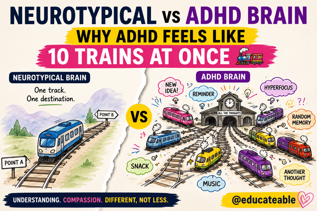 Neurotypical vs ADHD: Why ADHD Can Feel Like Managing 10 Trains at&nbsp;Once